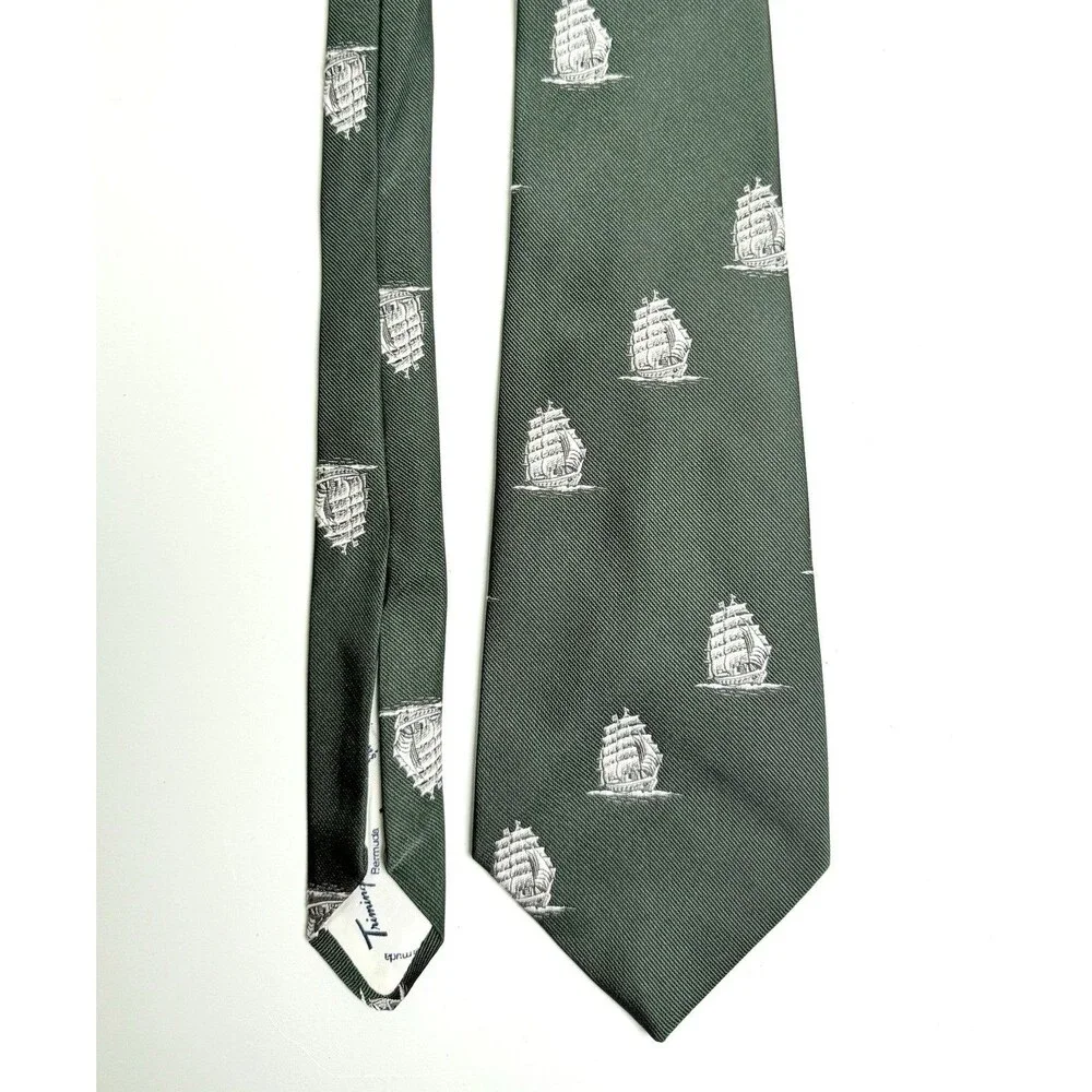 Vintage Trimingham's Bermuda Neck Tie Dark Green Tall Ships Race Nautical